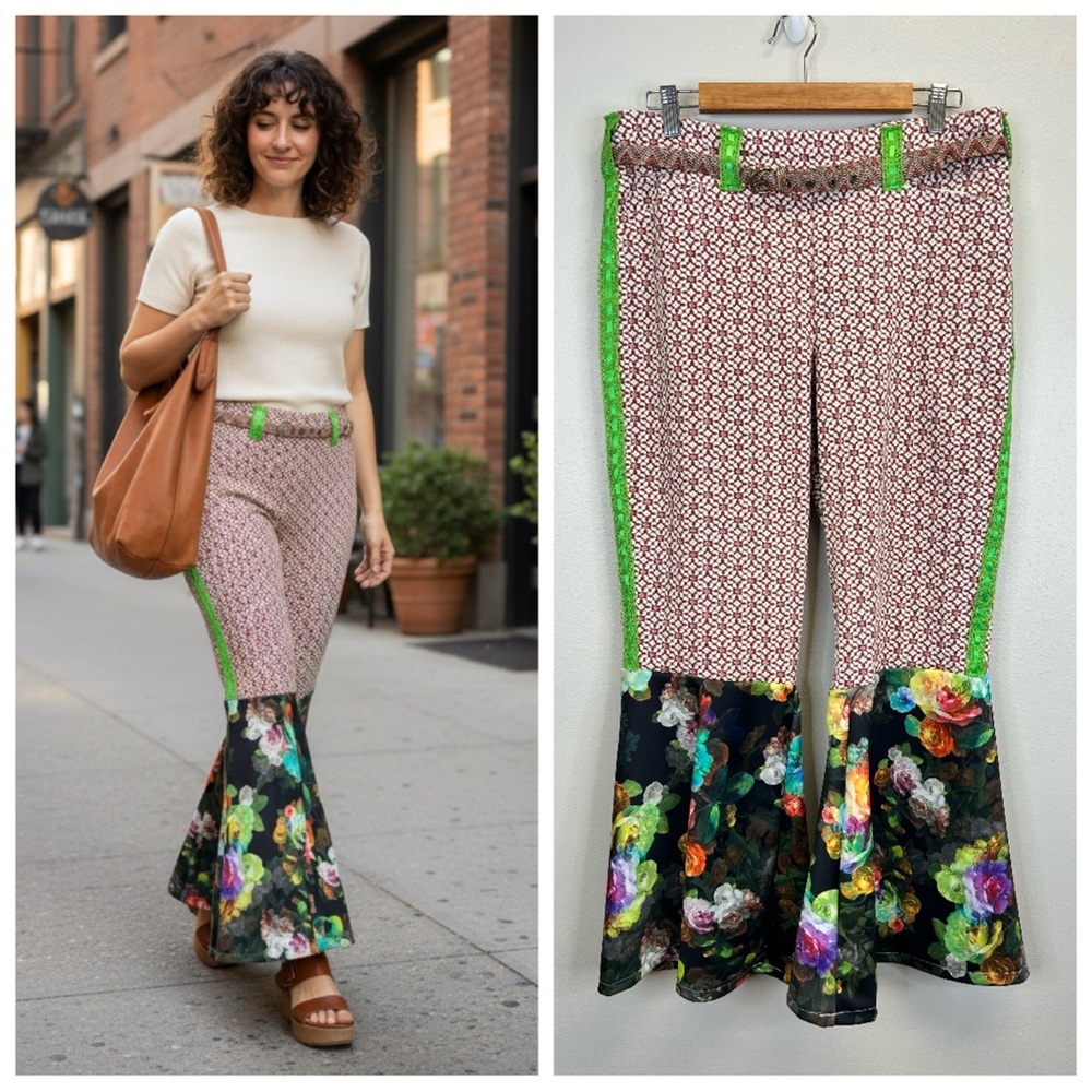 Floral Colorful Flare Pants Fun Festival Hippie Boho‎ Size 12 Stretch Maximalist